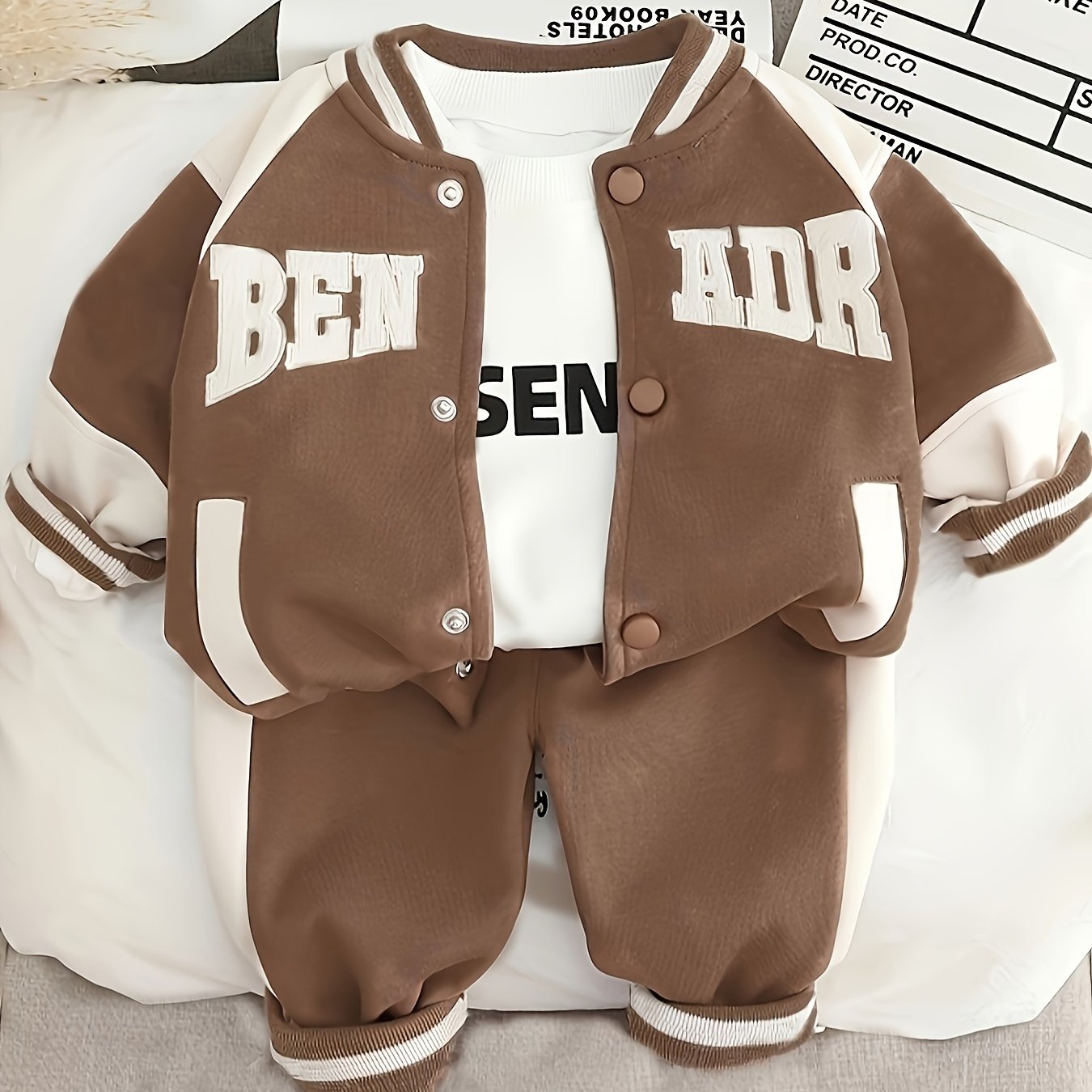 Baby boy's stylish baseball coat, sweatshirt, and pants set, perfect for outdoor wear in spring, autumn, and winter.