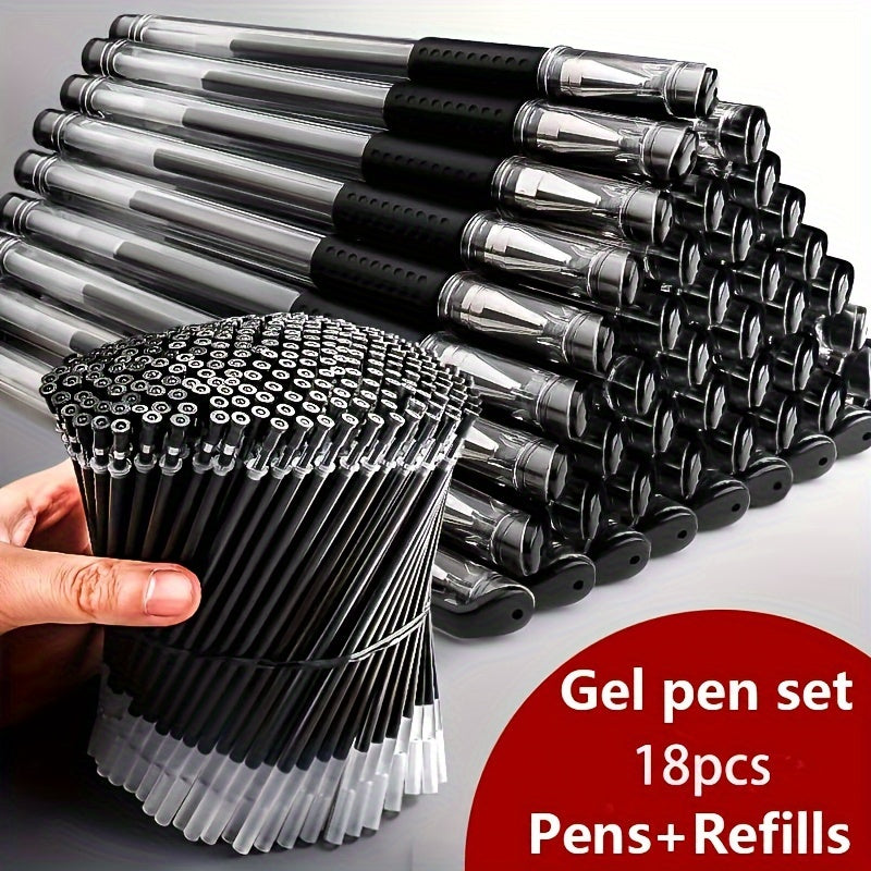 18-piece gel pen set in black, blue, and red ink colors, perfect for school or office use.