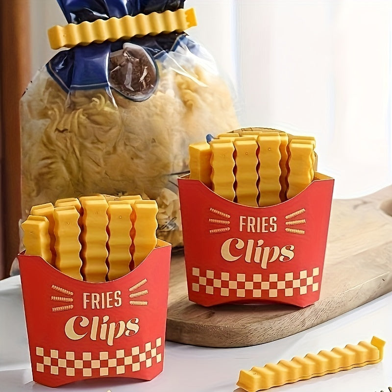 Keep your snacks, bread, and more fresh and sealed with these cute French fry-shaped bag clips! This set includes 12 pieces of durable plastic clips that are moisture-proof and perfect for keeping your snacks fresh. Perfect for any kitchen, these