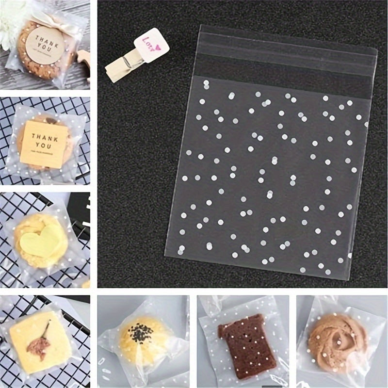 100 pieces of frosted self-adhesive bags with white dots designed for wrapping cakes, chocolates, candies, snacks, and other treats. These clear plastic treat bags can also be used as goodie bags, goody bags, and gift pouches for party supplies.