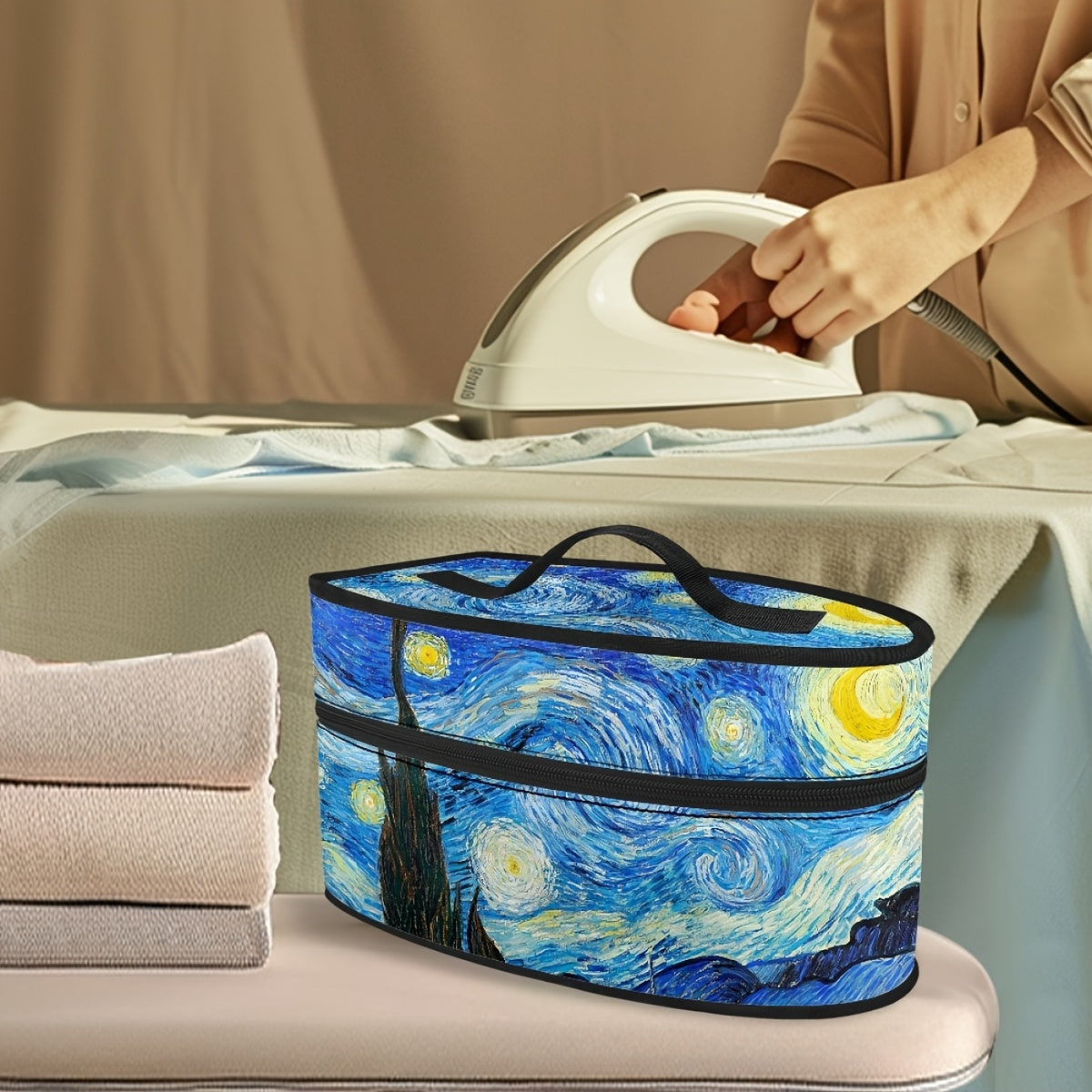 Portable iron storage bag inspired by Van Gogh, designed to protect your iron from dust. This non-electric carrying case features dual zippers and a convenient handle, making it the perfect organizer for your ironing accessories.