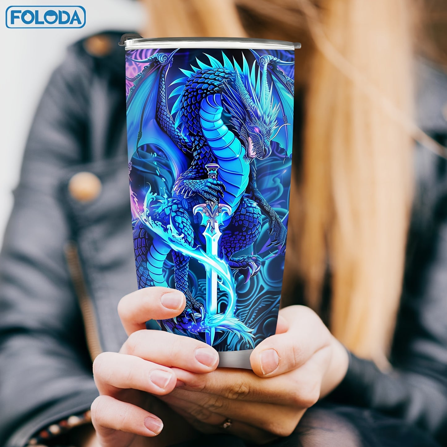 20oz stainless steel tumbler with dragon fairy tale design, ideal for outdoor activities and holidays.