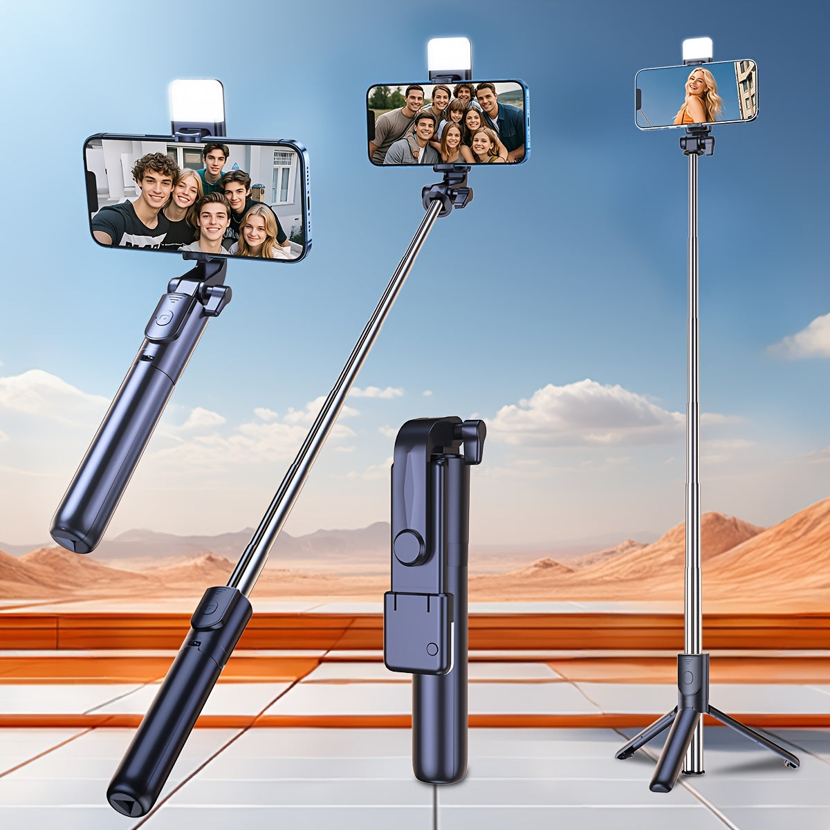 A versatile camera with selfie pole and tripod for travel, live broadcasting, and video recording.