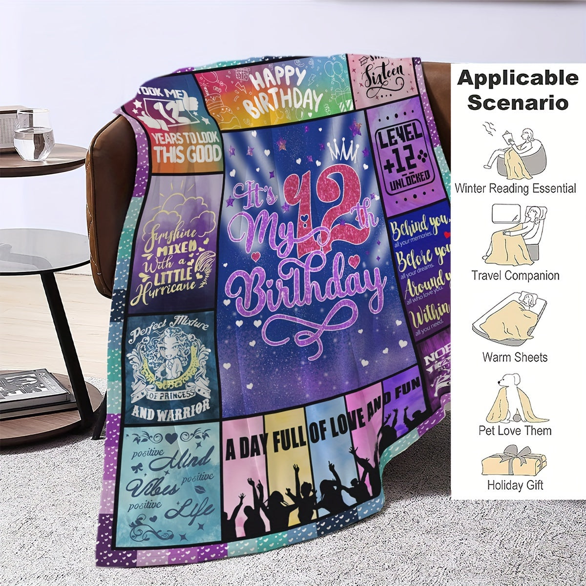 Celebrate Your 12th Birthday in Style with a Vibrant Blanket - This Soft, Cozy Polyester Throw Features Fun Birthday Messages & Patterns - Easy to Clean in the Washing Machine, Perfect for Year-Round Use on the Sofa or Bed - The Ideal Gift for Girls