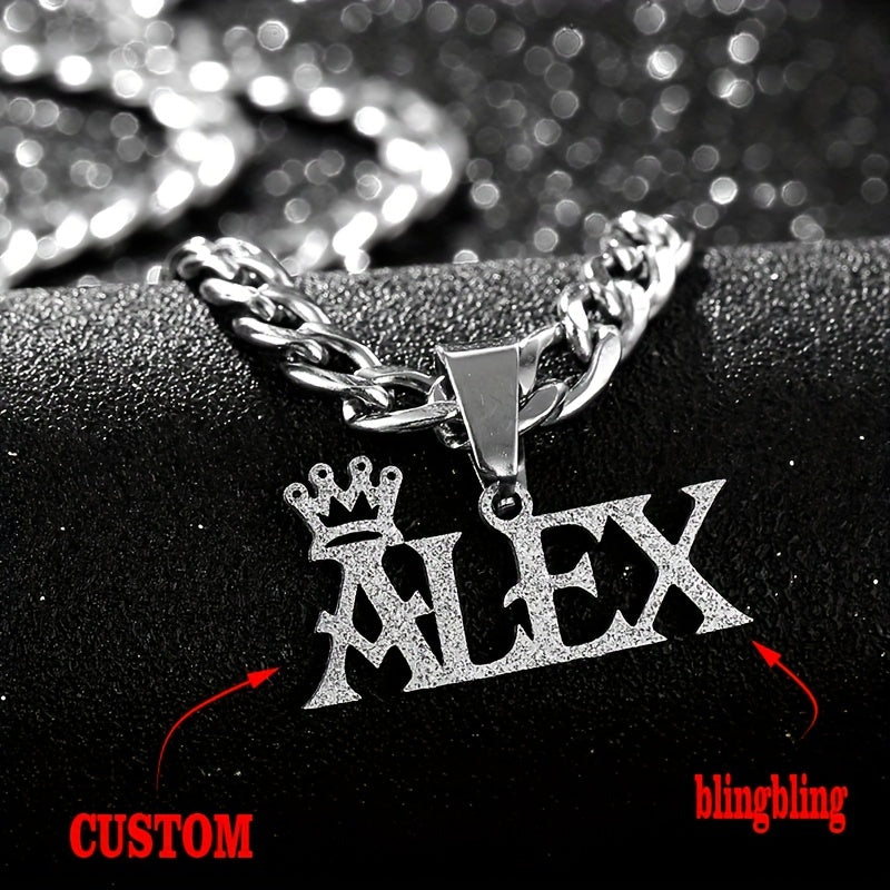 Stainless Steel Pendant Necklace with Crown Charm and Custom Name - Elegant Style Customized Jewelry Gift for Men, Perfect for Boyfriend or Family Member, Durable and Non-Magnetic, No Plating Needed