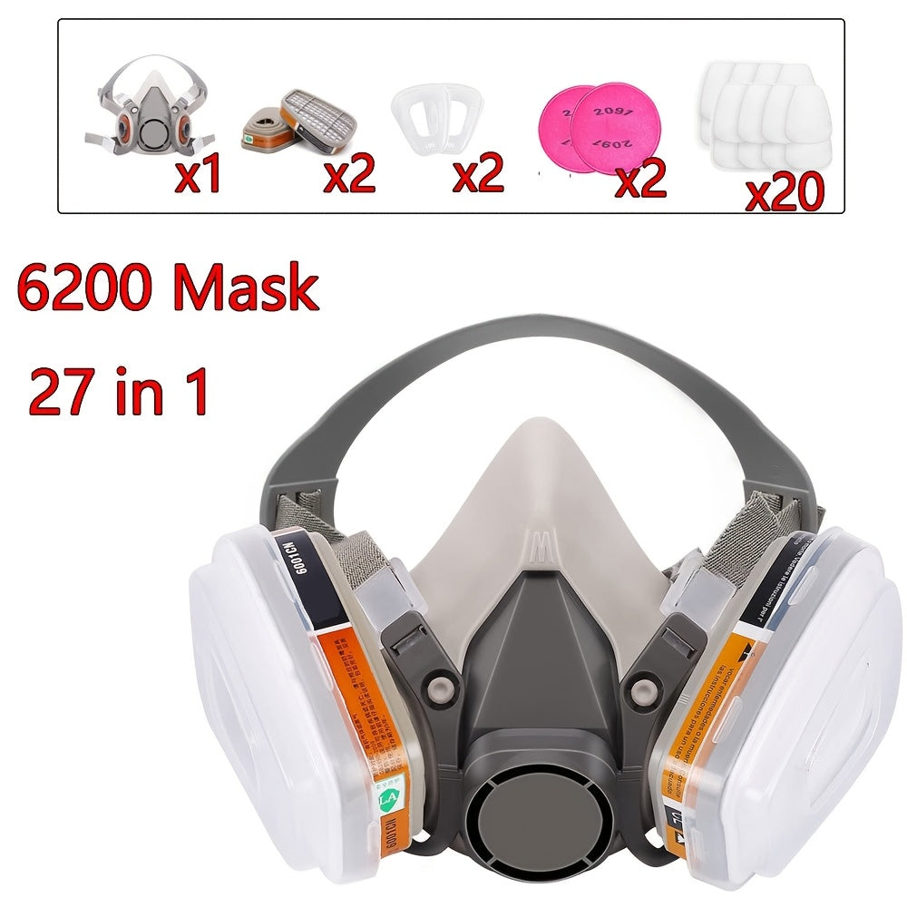 The 27pcs Reusable Half-Face Respirator Mask 6200 filters dust, smoke, asbestos, chemicals, and other airborne particles during painting, spraying, and polishing processes.