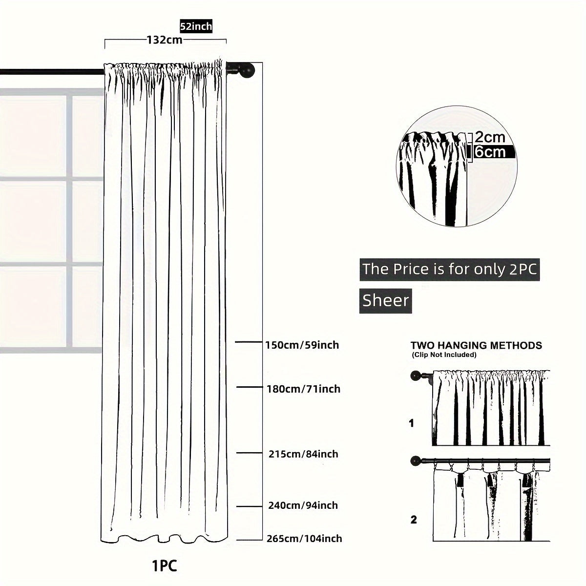 Set of 2, White Sheer Tulle Curtains in a Simple Style, Create a Romantic Atmosphere in Your Living Room or Bedroom, Perfect for Window or Door Home Decor