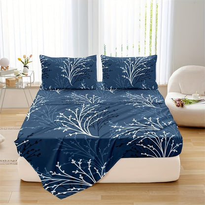 4-piece bedding set includes 1 flat sheet, 1 fitted sheet, and 2 pillowcases made of 100% polyester with floral print. Machine washable and suitable for all seasons. Does not include pillow