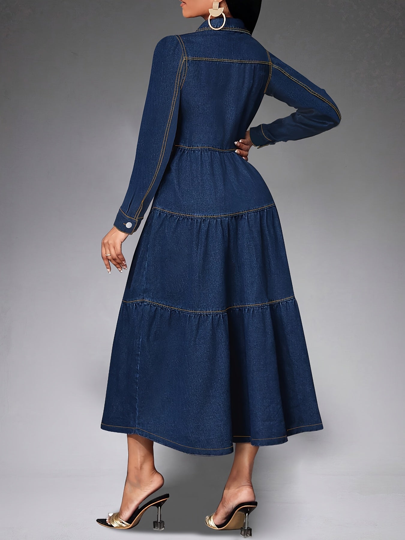 Women's denim dress with long sleeves, 65% polyester and 35% cotton, solid color for fall/winter, medium stretch, frill detail, shirting style, fabric weight 90g/m².