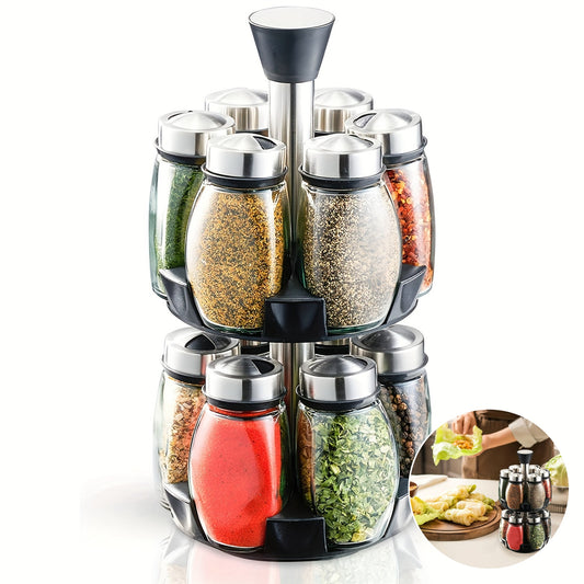 Revolving spice rack set includes 6 or 12 jars with 360° rotation shelf and glass refill containers for cabinet or countertop. Spices not included.