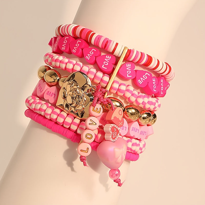 A chic and eclectic Bohemian pink Valentine's Day bracelet featuring a multi-layered design with beaded LOVE flower and 3D heart pendant. This exquisite piece is ideal for adding a touch of romance to any woman's Valentine's Day ensemble and can be worn