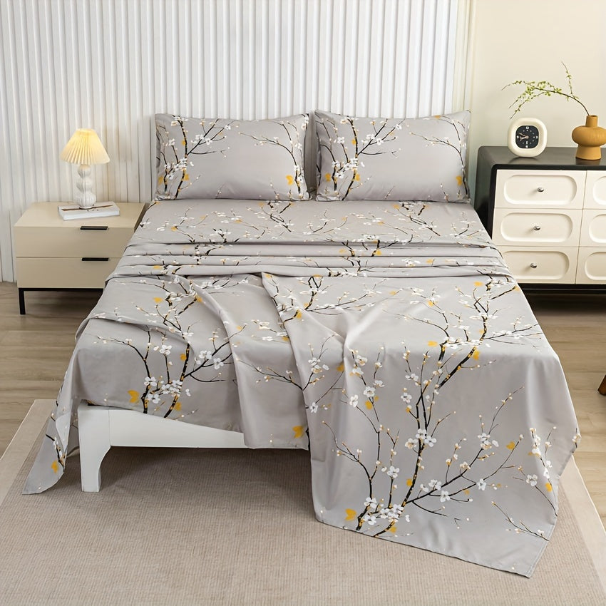 Floral Branch Fitted Sheet Set with 4 pieces, made of soft microfiber with deep pocket fitted sheet and included pillowcases. No core.