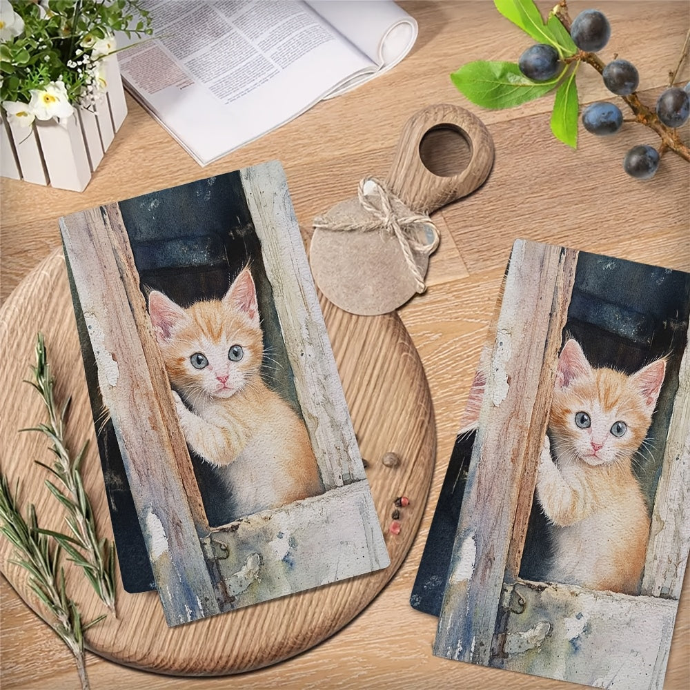 This kit includes 2 ultra-soft kitchen towels with a gentle meow from a kitten wanting to come inside. These highly absorbent dish and hand towels are ideal for holiday decoration, machine washable, and measure 40.64x60.96 cm.