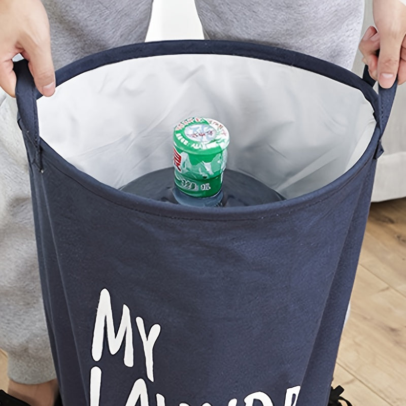 Classic Thick Fabric Laundry Basket with Drawstring Closure - Versatile Cylinder-Shaped, Foldable Dirty Clothes Storage Bin in Navy, White, and Gray featuring "MY LAUNDRY" Print for Stylish Room Decor, Laundry Room Organization, and Storage Solution