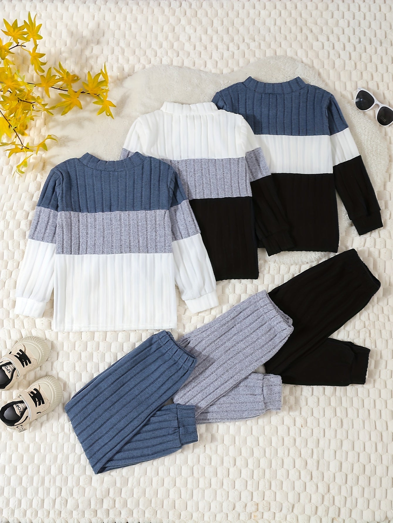 3-piece boys' color block ribbed knit outfit in blue/white/black with soft, stretchy long sleeve tops and casual pants. Machine washable for everyday comfort. Perfect for outdoor activities.