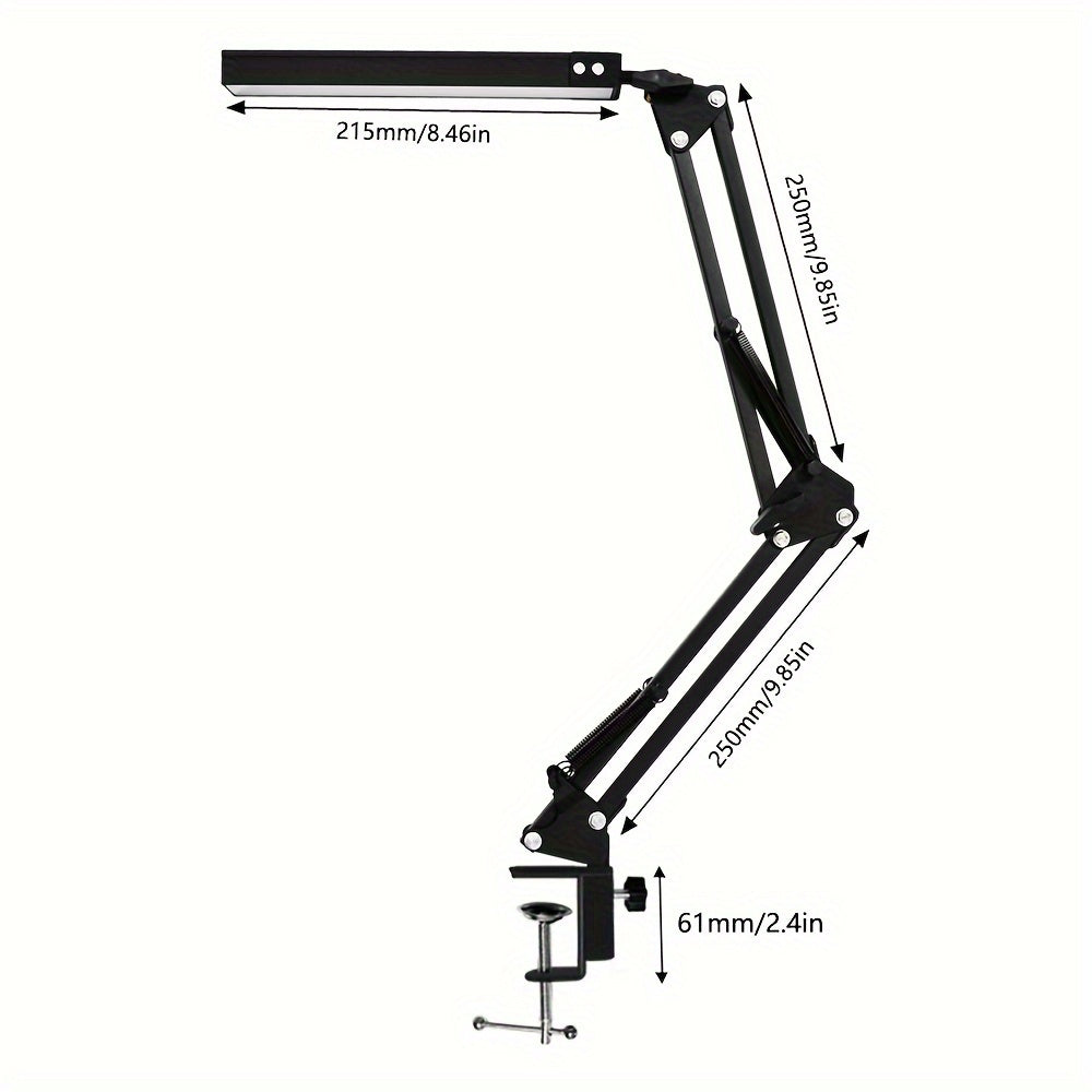 Adjustable LED desk lamp with clip-on base, USB powered, 3 color temperatures & 10 brightness levels. Modern swing arm design for office, reading, and study.