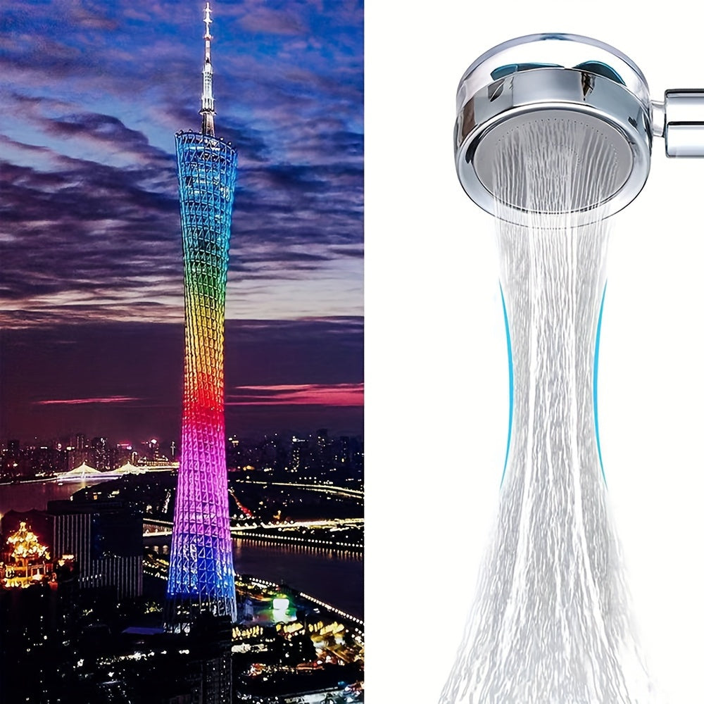 Turbocharged handheld shower head with high pressure and 5 filters for bathroom use.