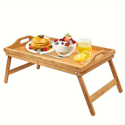 Multifunctional wooden bed tray with folding legs, perfect for breakfast, snacks, work, or study in bed or on the sofa. Great for picnics, camping, dorm rooms, and home use.