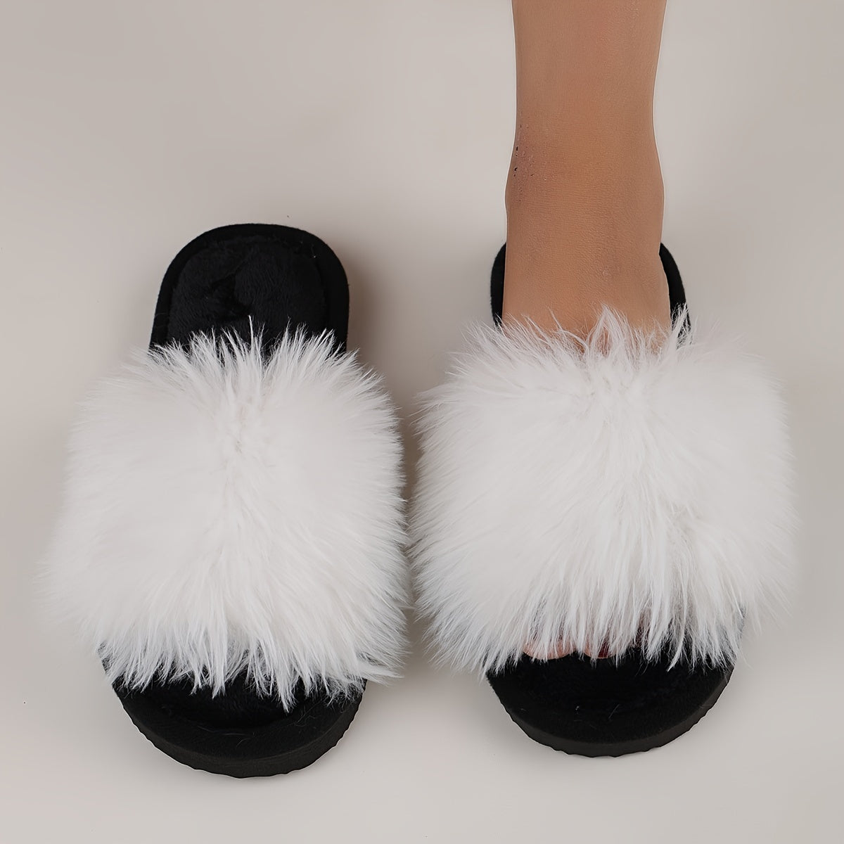 Women's Elegant Faux Fur Slippers with Fabric Upper/Inner, EVA Sole, Positioning Printing, All-Season Comfort.