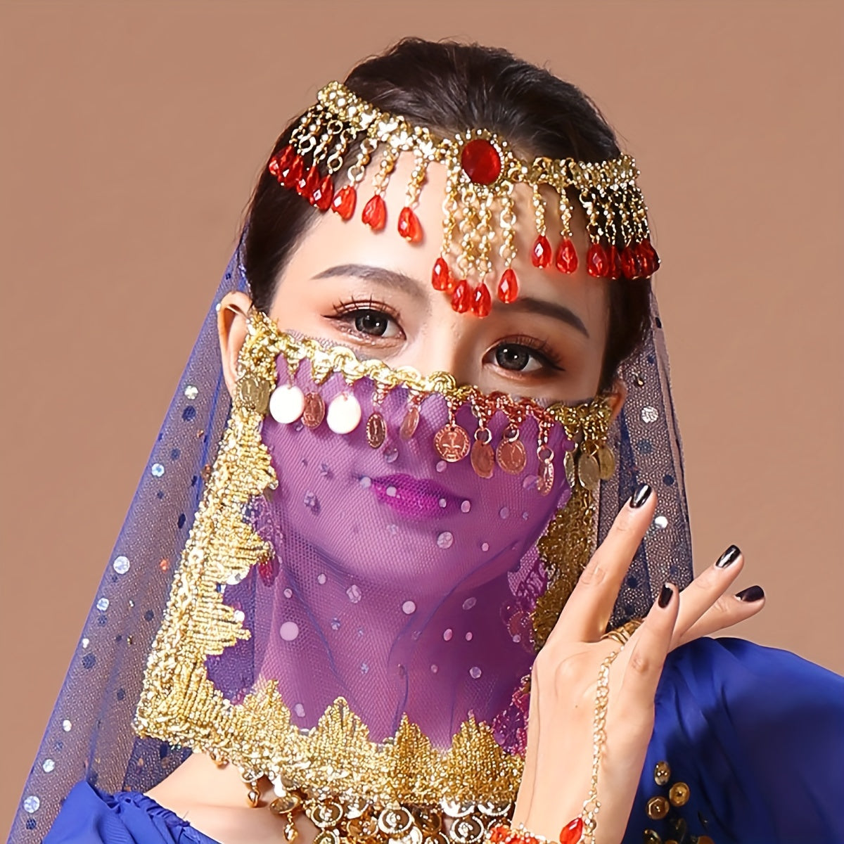 Women's Belly Dance Coin Face Covering Veil for Exotic Western Cosplay Dance Performance