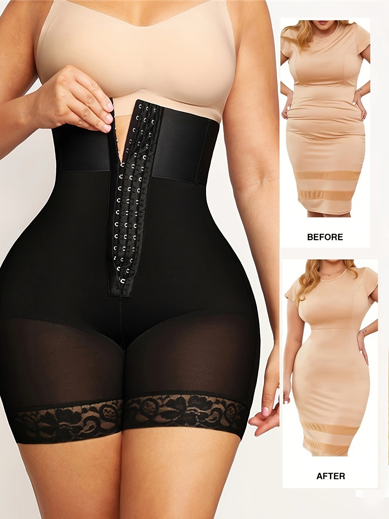 High waist shapewear shorts made of 77% nylon and 23% spandex knit fabric, featuring a solid color with contrast lace detail. Includes an adjustable waistband and weighs 235-237 g/m².