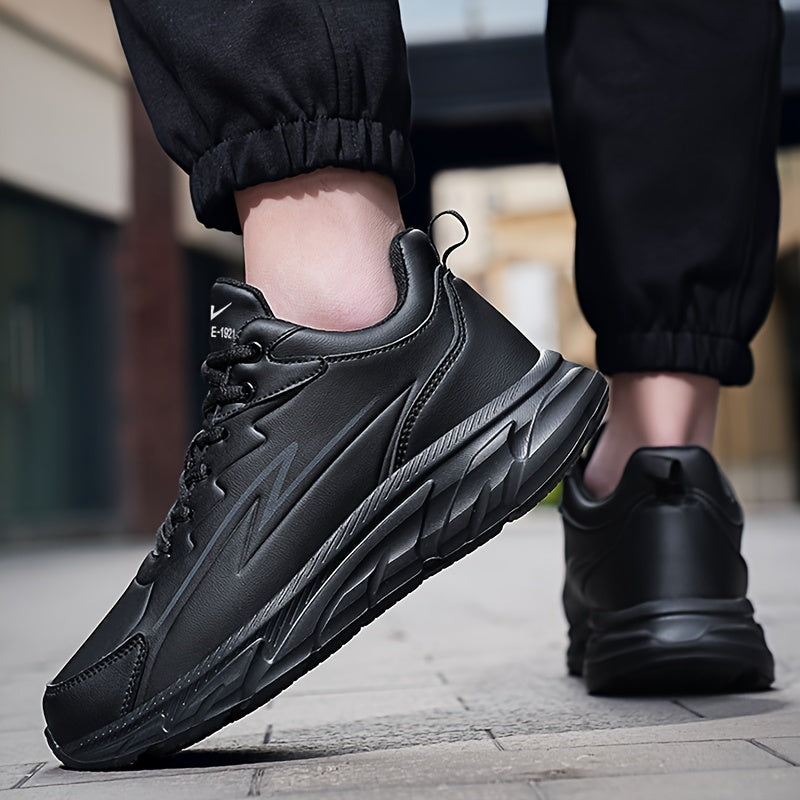 Men's black road running shoes with a casual sporty style, durable rubber sole, comfortable fabric lining, and low-top lace-up design. Suitable for all seasons, these athletic sneakers are