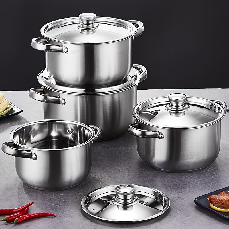 Set of 8 stainless steel pots, including 4 pots and 4 lids. These high-quality pots have a bright surface and are suitable for a variety of uses in the kitchen, restaurant, or for Ramadan supplies. Ideal for soups, noodles, seafood, and more. Stove not