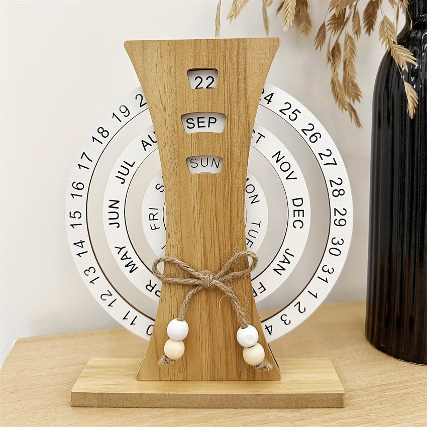 Handcrafted wooden perpetual desk calendar with moon ferris wheel design, weekly-monthly view, and rotatable manual date tracker. Ideal for home and office décor. 1 piece.