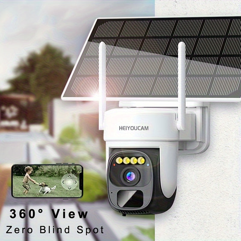 Solar-powered wireless outdoor security camera with pan-tilt 360° view, 3MP resolution, two-way talk, cloud/SD storage, color night vision, spotlight, siren, motion detection, and