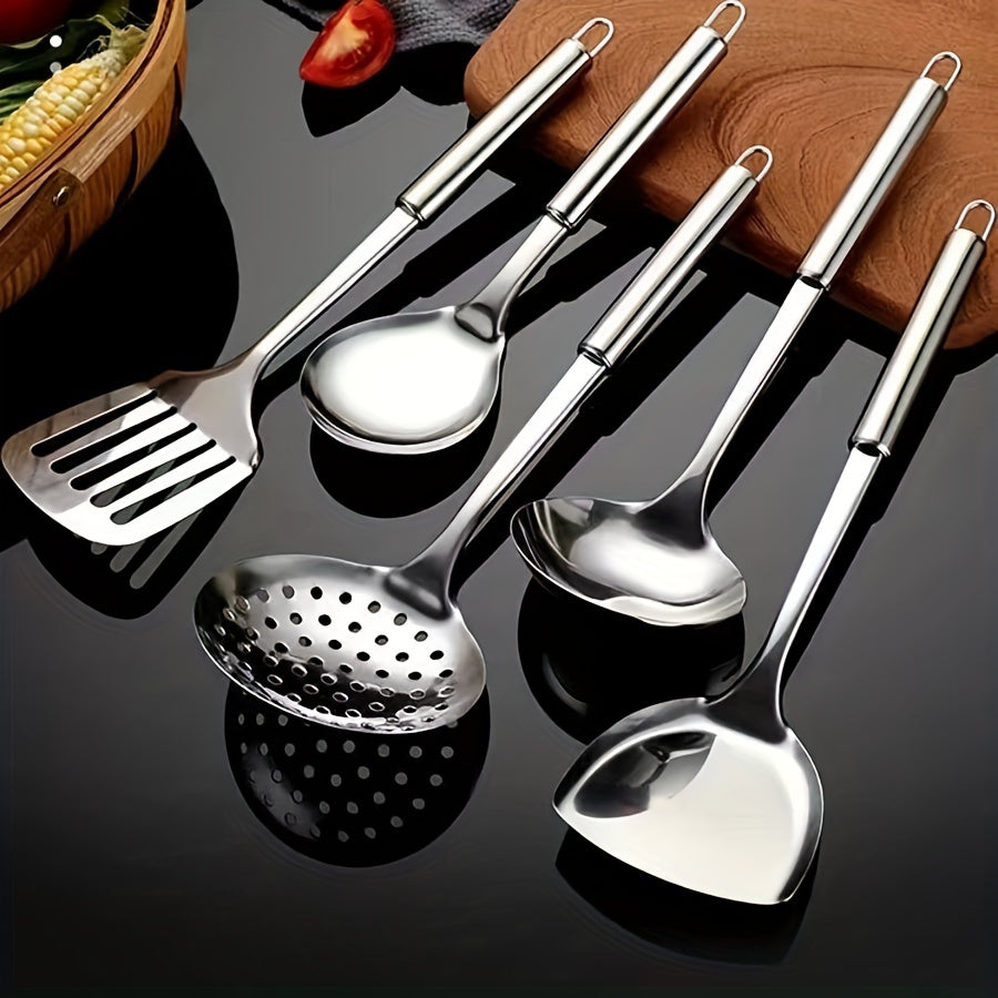 5-piece stainless steel kitchen utensil set - includes food-grade cooking tools such as slotted spoon, soup ladle, serving spoon, and turner. Perfect for holiday gifts like Christmas, Thanksgiving, Valentine's Day, Ramadan, and Mother's Day.