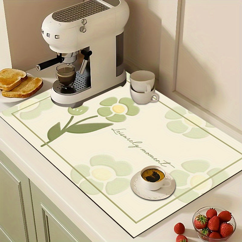 Floral Pattern Polyester Drying Mat for Kitchen, Absorbent and Multipurpose - Ideal for Dish Draining, Coffee Machine, Countertop Protection, and Bathroom Use.