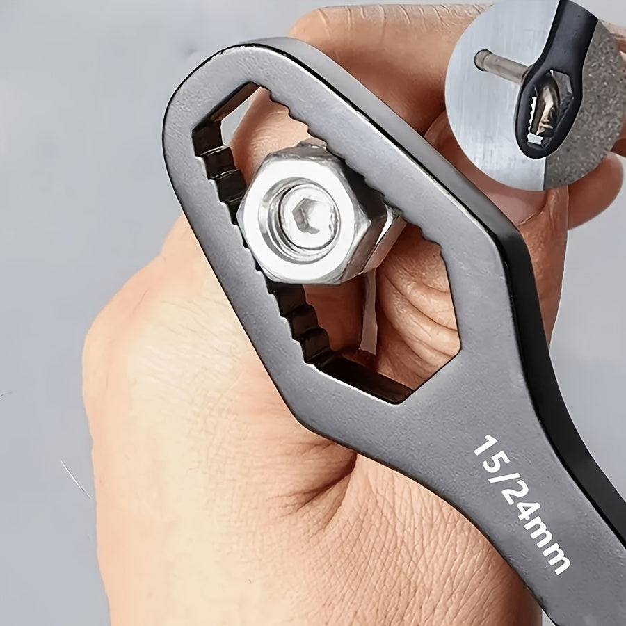 Portable iron wrench adjusts to fit keyholes from 3-17mm, ideal for automotive and home use.