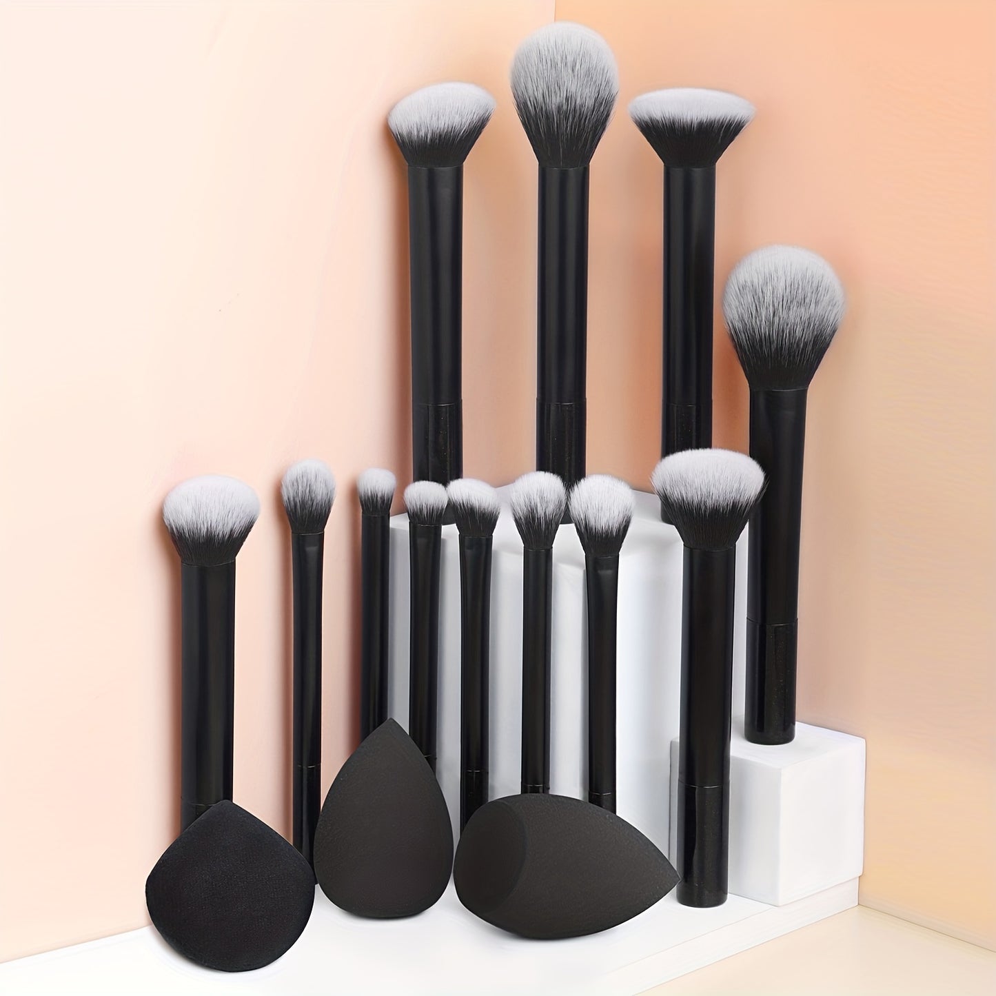 12-piece professional makeup brush set with nylon bristles, palm brushes, sponges, powder puff, ABS plastic handle, suitable for all skin types