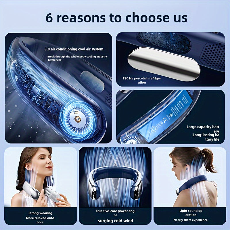 Bladeless Neck Fan, Portable with USB Charging, Digital Display, Handheld & Hands-Free Design, Long Battery Life, TEC Porcelain Refrigerator Technology, 3-Speed Air Conditioning Cooling System