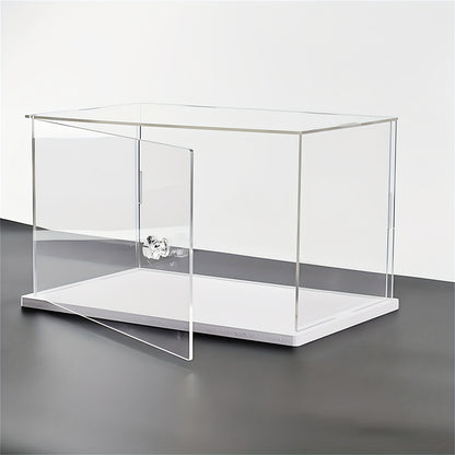 Transparent acrylic display box with opening door, ideal for collectibles and toys. Versatile home storage solution, measures 10-15" H x 20-25" W x 30-40cm D.