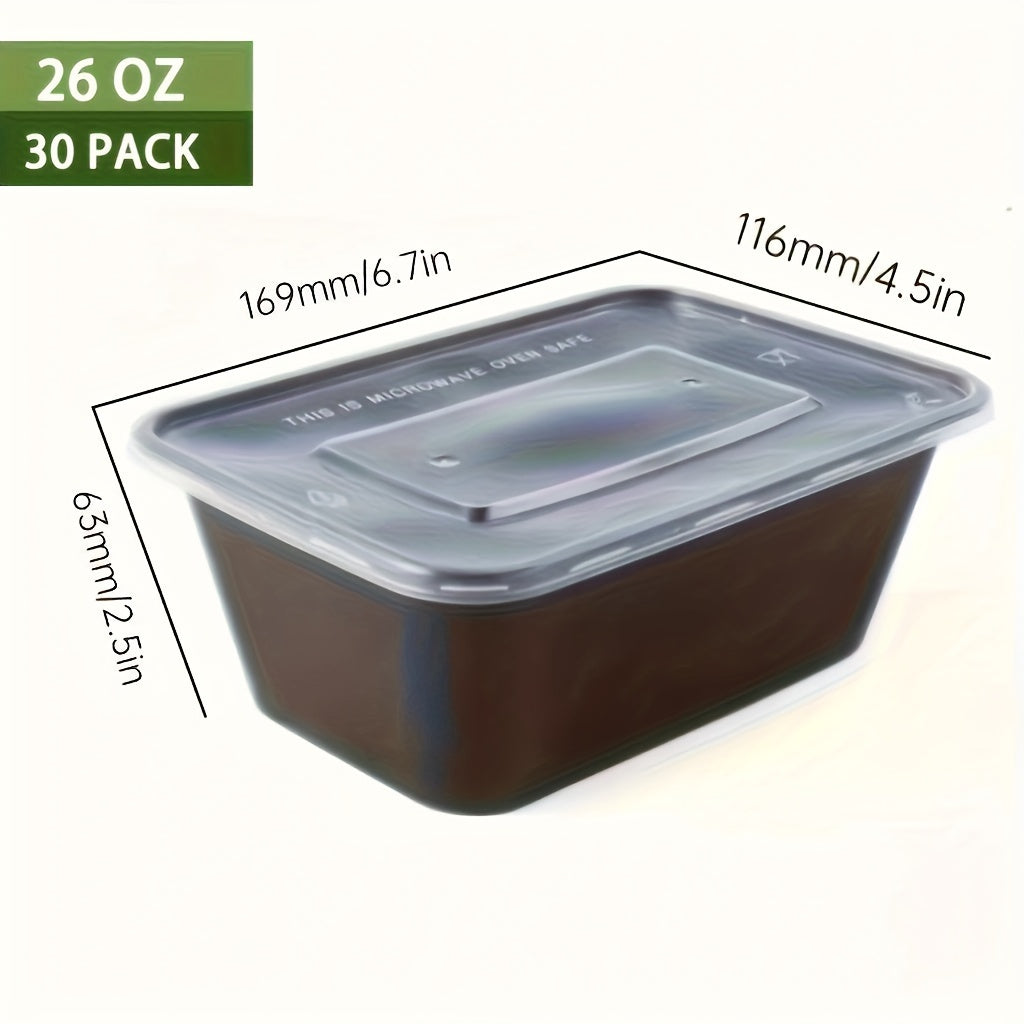 Pack of 30 rectangular plastic black boxes with lids in sizes 17oz, 22oz, and 26oz. These food storage containers are BPA-free, stackable, and leakproof. They are safe to use in the microwave and are perfect for storing and transporting food. Great for