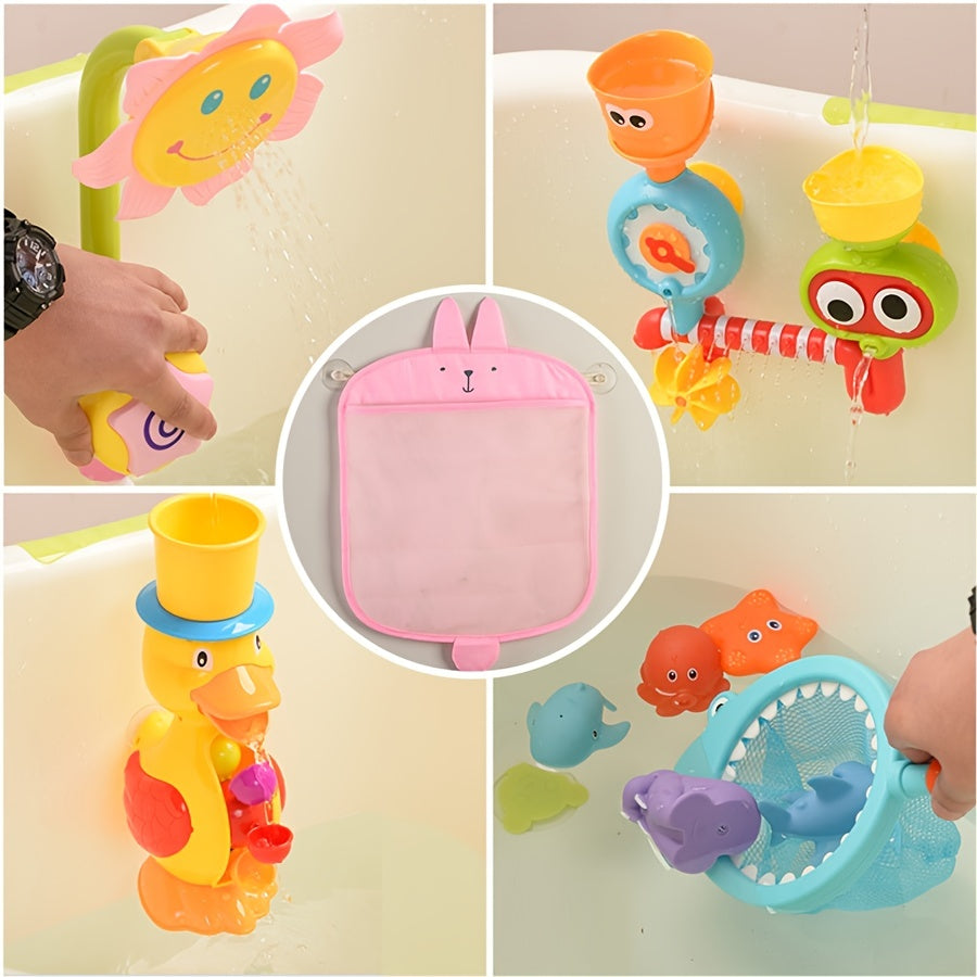 Mesh bag with suction cups for bathroom use, featuring cute cartoon animal shapes for storing cloth items and sand in the shower or bath.