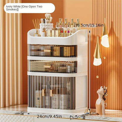 Transparent cosmetic organizer for makeup and skincare with multi-layer sliding drawer storage, perfect for lipstick and lightweight plastic vanity cabinet.