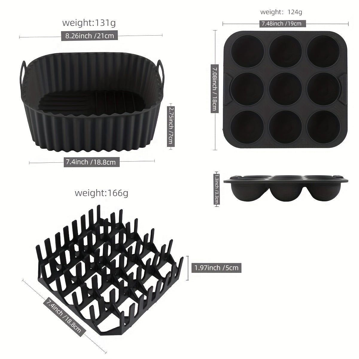 1 set of square silicone air fryer accessories, including a 19.0 cm bacon & hot dog rack, a 9 cavity cake mold, and an air fryer liner. These accessories are BPA-free, dishwasher safe, and compatible with 7QT+ air fryers in black color.