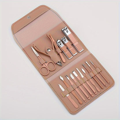 Set of 4, 8, 12, or 16 stainless steel household tools in a folding bag for manicures and pedicures.