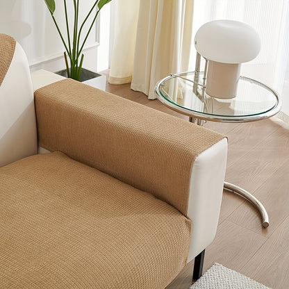 Stylish beige velvet sofa slipcover, pet-friendly and machine washable with backrest and armrest protection. Soft textured fabric suitable for living room, bedroom, or office decor.