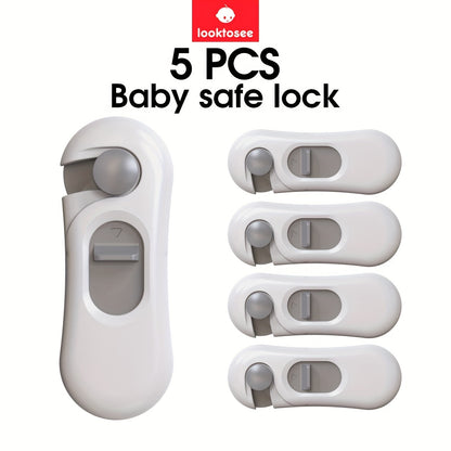 Top Choice: 5-Pack Child Safety Locks - Secure Cabinet, Drawer, Refrigerator, and Oven with Sturdy Adhesive Tape, No Need for Drilling, Simple to Remove, Made with BPA-Free Gray Plastic, Anti-Pinch Feature, Door Lock Included