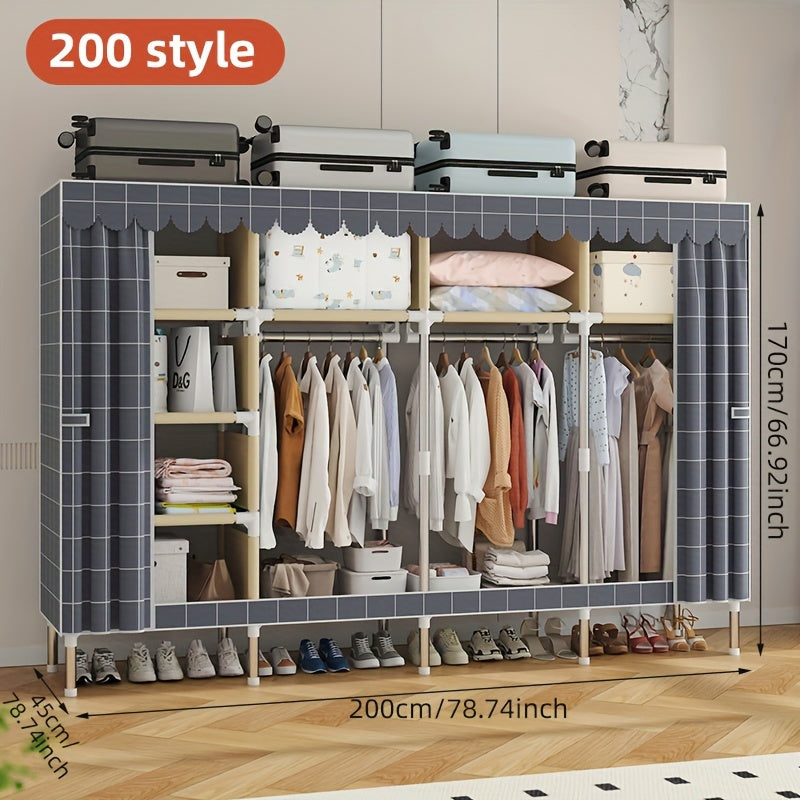 Solid color wide assembly with 10 shelves, 3 hanging rods, and plaid fabric. Portable closet for organizing wardrobe.