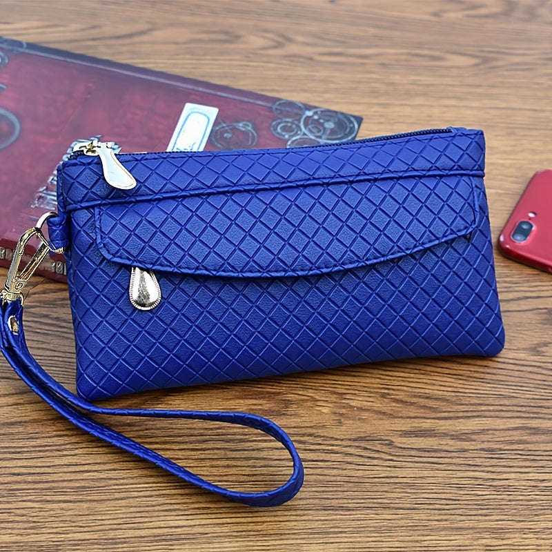 Women's Argyle Quilted Clutch with Multiple Zippers, Wristlet Bag for Phone and Coin