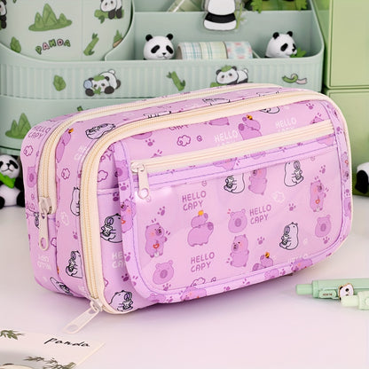 Panda cartoon pencil case with multi-layer organizer for pens, pencils and accessories. Stylish storage for boys and girls.