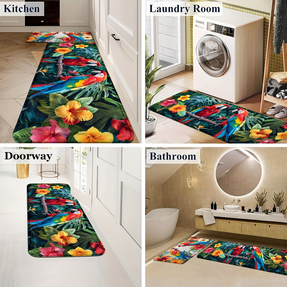 Indoor Entrance Mat for Entryway with Parrot Design, Non-Slip and Machine Washable Polyester - Knitted Fabric, Front Door Mat