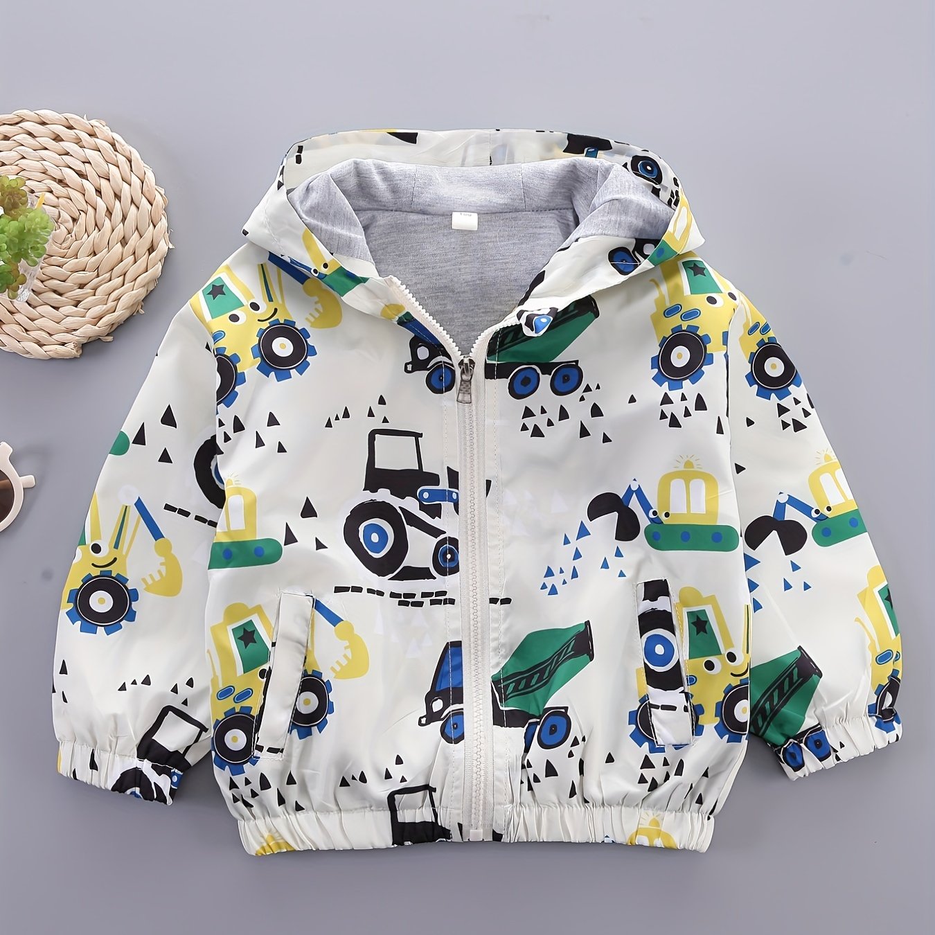 Gray Excavator Print Kids Hooded Jacket for Girls and Boys