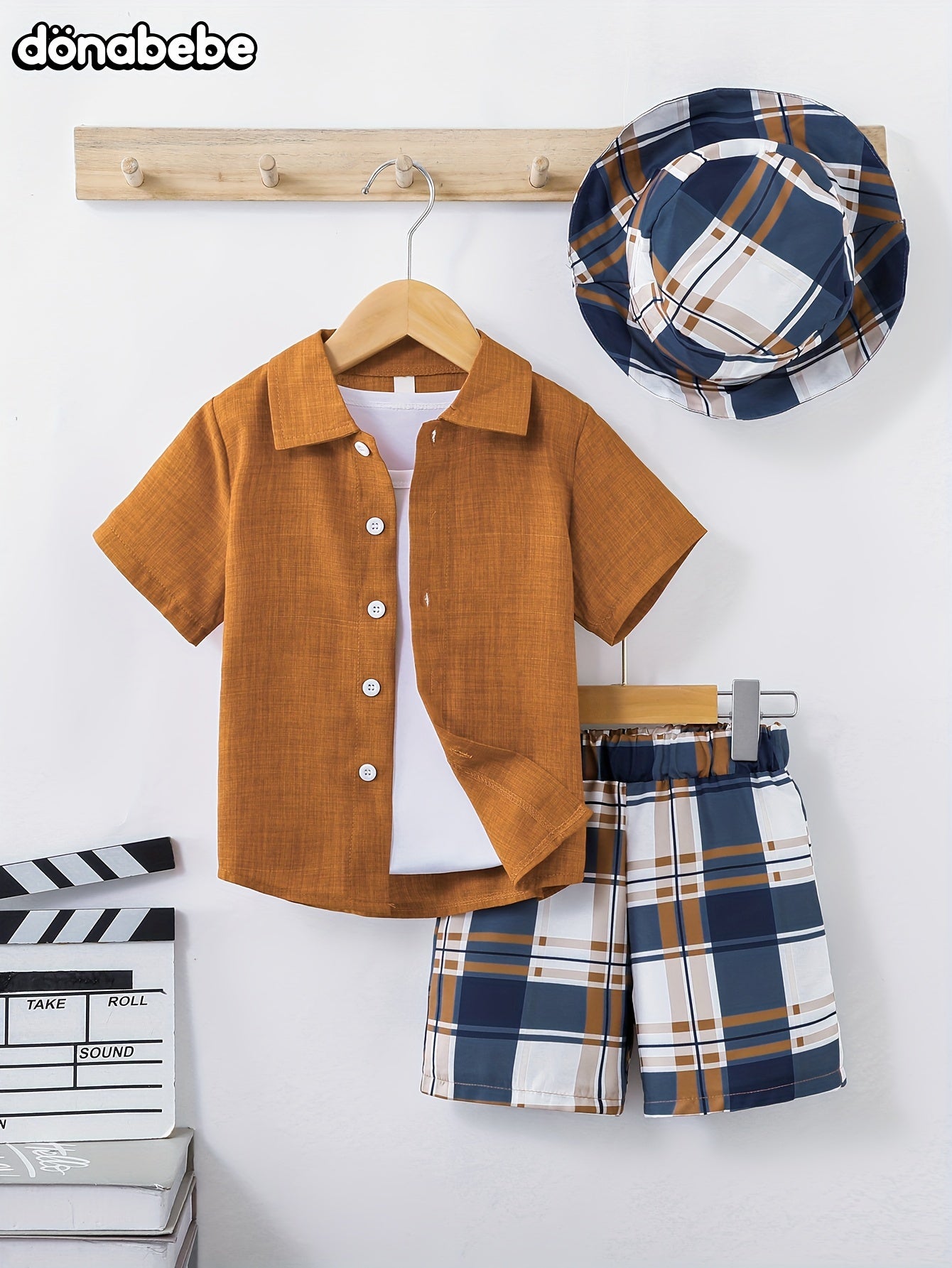 3-piece boys' summer outfit - solid color shirt, plaid shorts, and a hat. Suitable for kids aged 1-8 years.