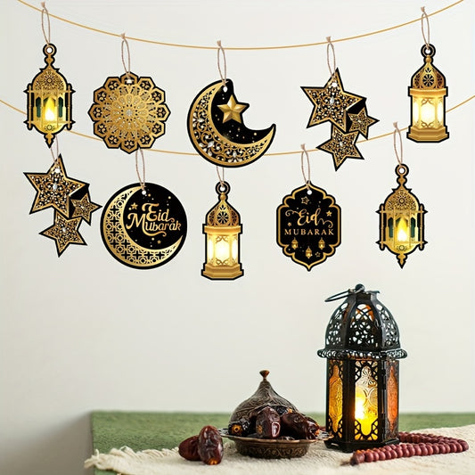 14/10pcs of Eid Mubarak Decorative Paper Hanging Ornaments with 5m Hemp Rope for Ramadan Home Decor, Islamic Festival Party Supplies and Gifts.