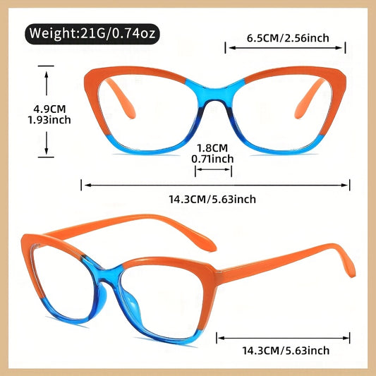 Stylish Cat Eye Reading Glasses with Color Block Frame, Clear Lens, Fashionable Computer Screen Eyewear for Women with +1.0 to +4.0 Magnification.